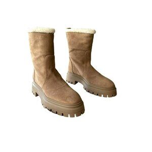 NEW Stuart Weitzman Boots Sz 7 Bedford Chill Shearling Tan Moto Suede Booties